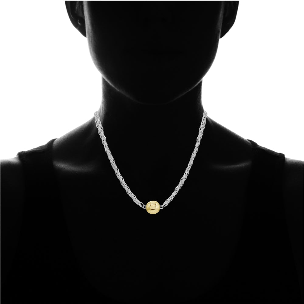 Two-Tone Yellow Gold Flashed Sterling Silver Polished Round Ball Bead Wheat Spiga Chain Necklace, 17 Inch-3