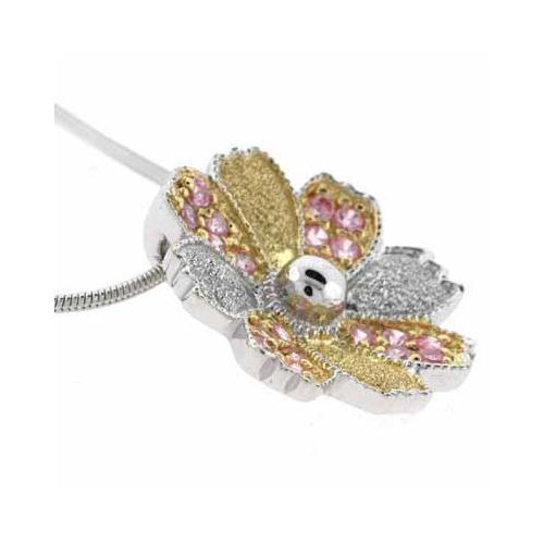 Sterling Silver Two Tone Pink CZ Flower Necklace