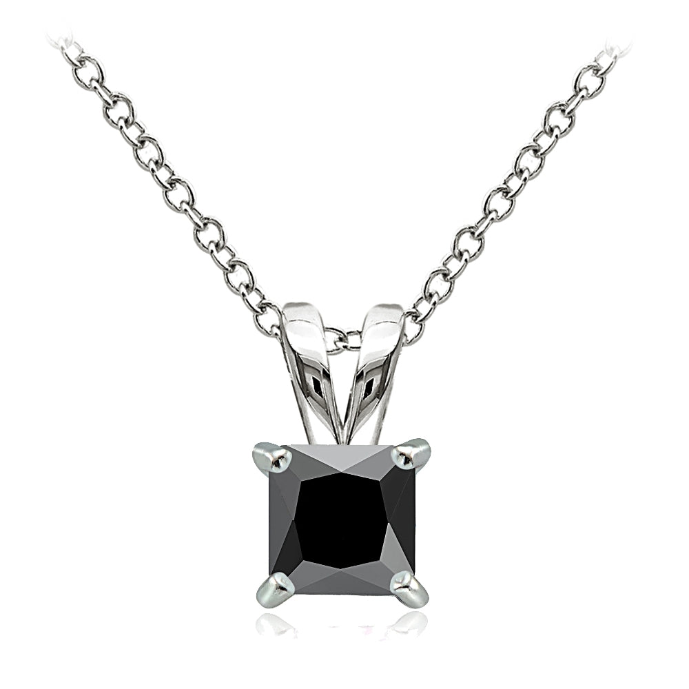 Sterling Silver 1.25ct Black Cubic Zirconia 6mm Square Solitaire Necklace