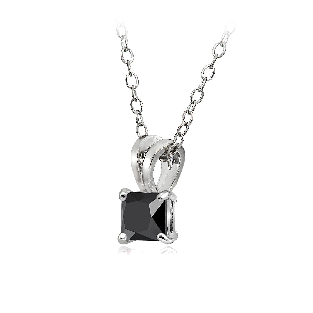Sterling Silver 1.25ct Black Cubic Zirconia 6mm Square Solitaire Necklace-2