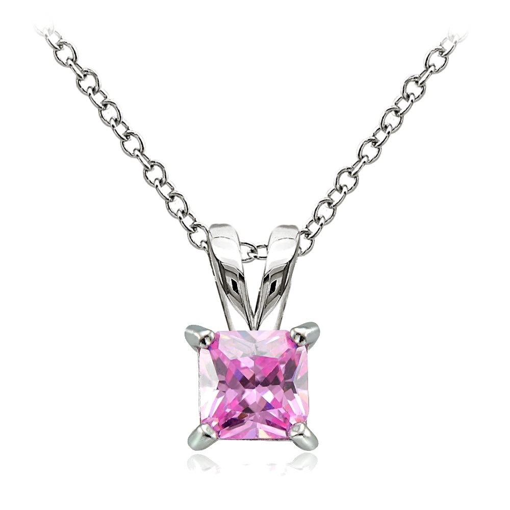 Sterling Silver 1.25ct Light Pink Cubic Zirconia 6mm Square Solitaire Necklace
