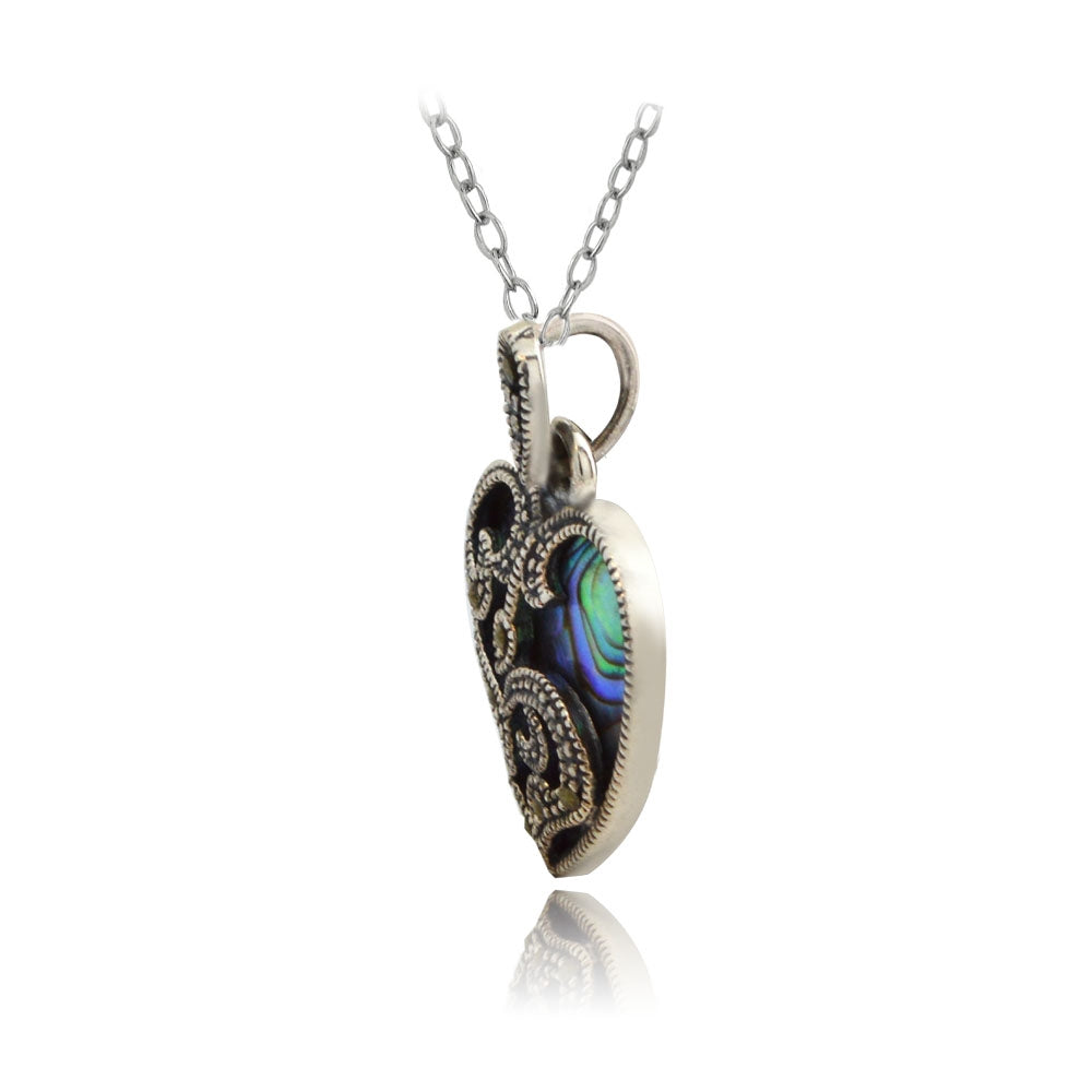 Sterling Silver Marcasite & Abalone Heart Necklace-2