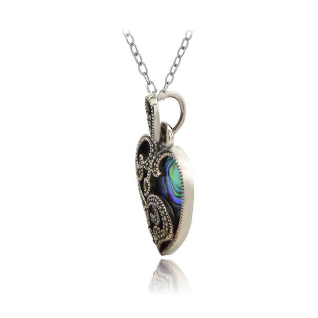 Sterling Silver Marcasite & Abalone Heart Necklace