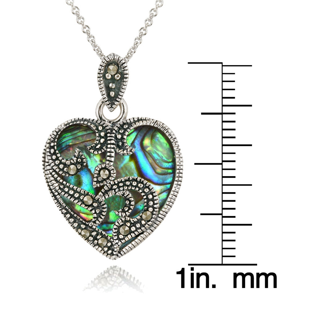 Sterling Silver Marcasite & Abalone Heart Necklace-3