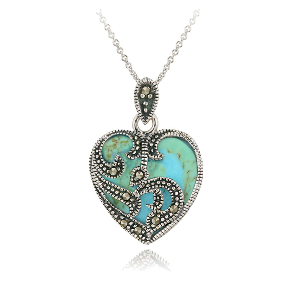 Sterling Silver Marcasite & Turquoise Heart Necklace