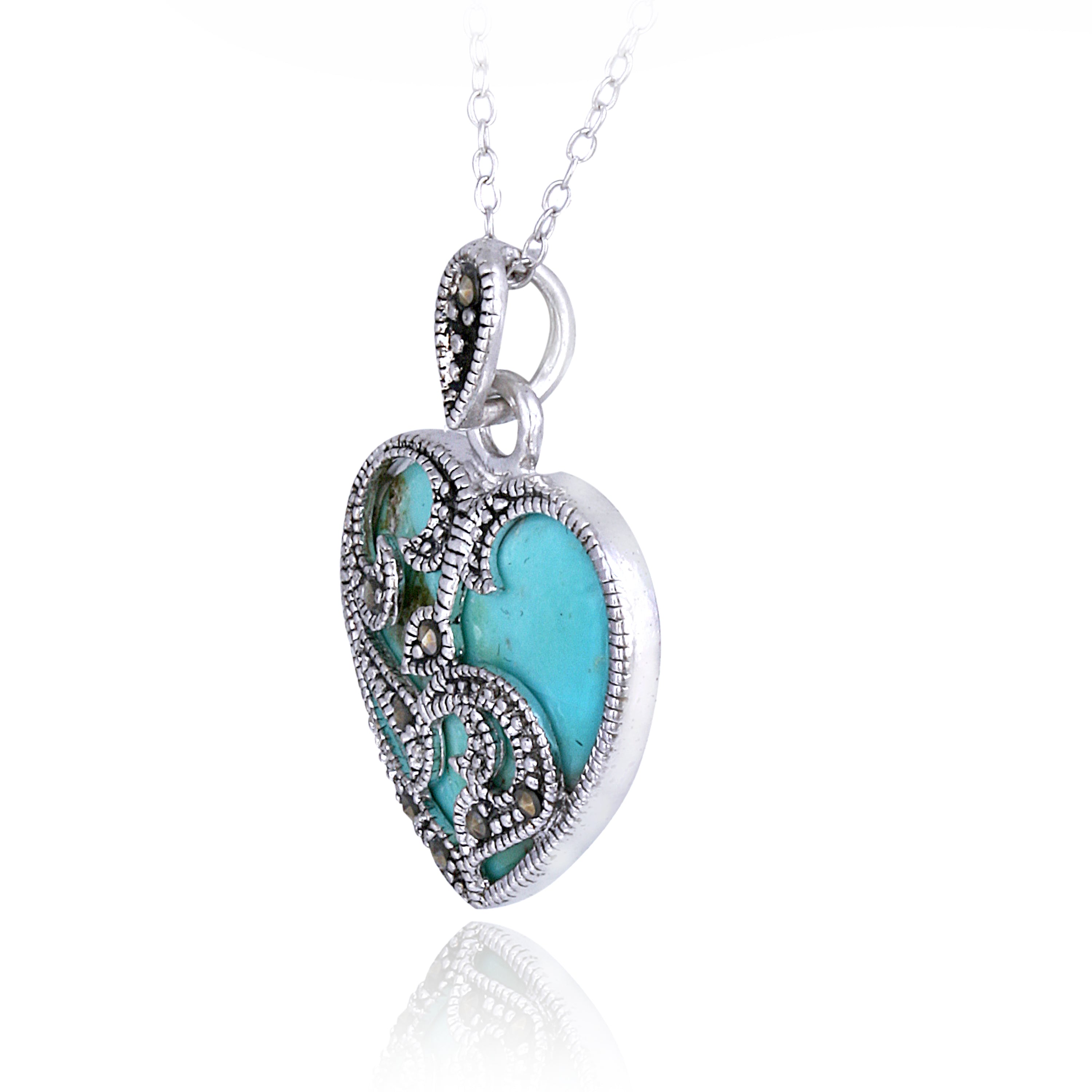Sterling Silver Marcasite & Turquoise Heart Necklace-2