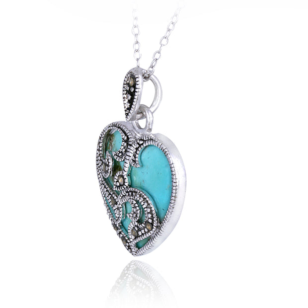Sterling Silver Marcasite & Turquoise Heart Necklace