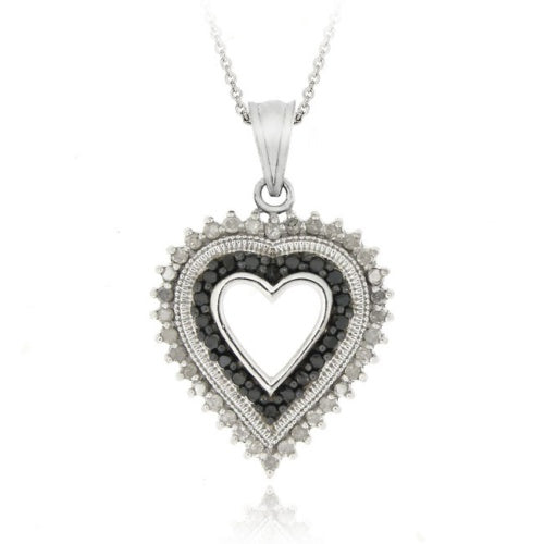 Sterling Silver 1/2 CTW Black Diamond and White Diamond Heart Pendant