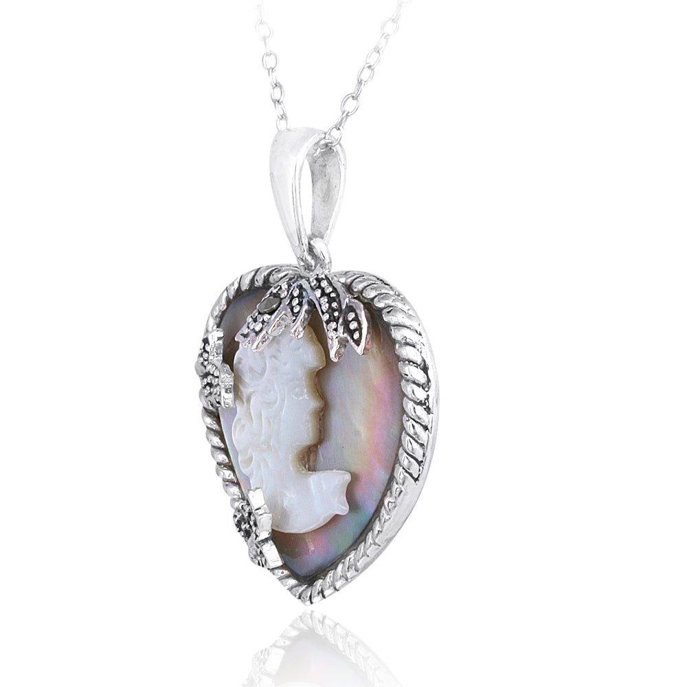 Sterling Silver Brown Shell & Marcasite Woman Cameo Pendant-2
