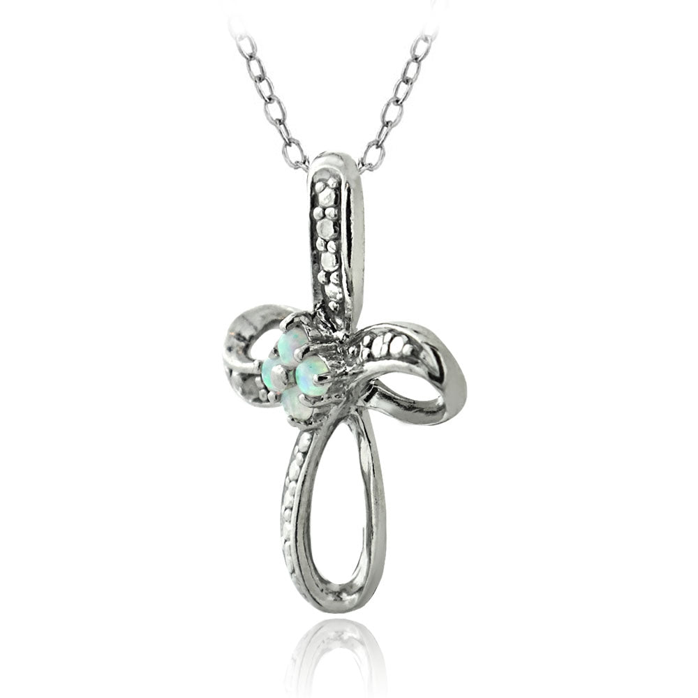Sterling Silver Created White Opal & Diamond Accent Cross Pendant-2