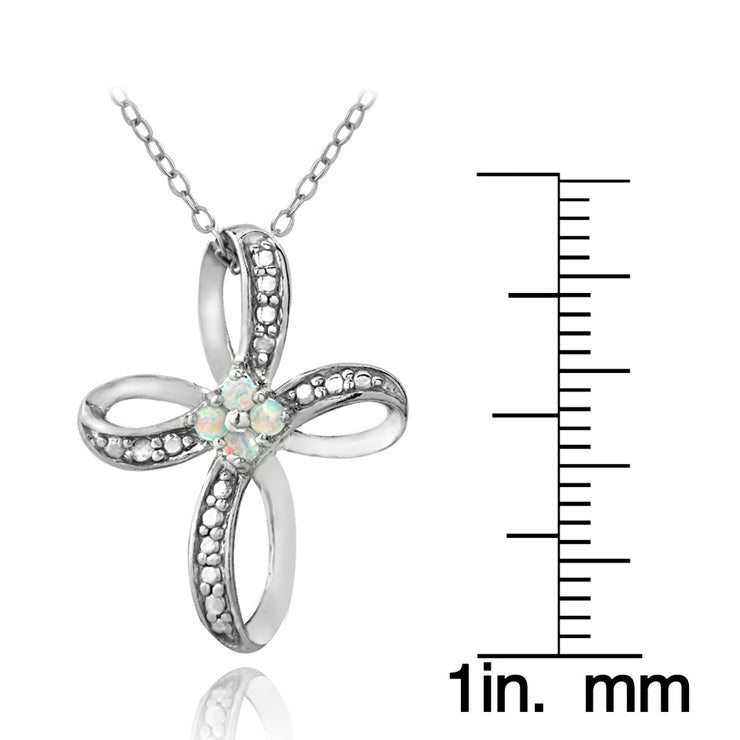 Sterling Silver Created White Opal & Diamond Accent Cross Pendant