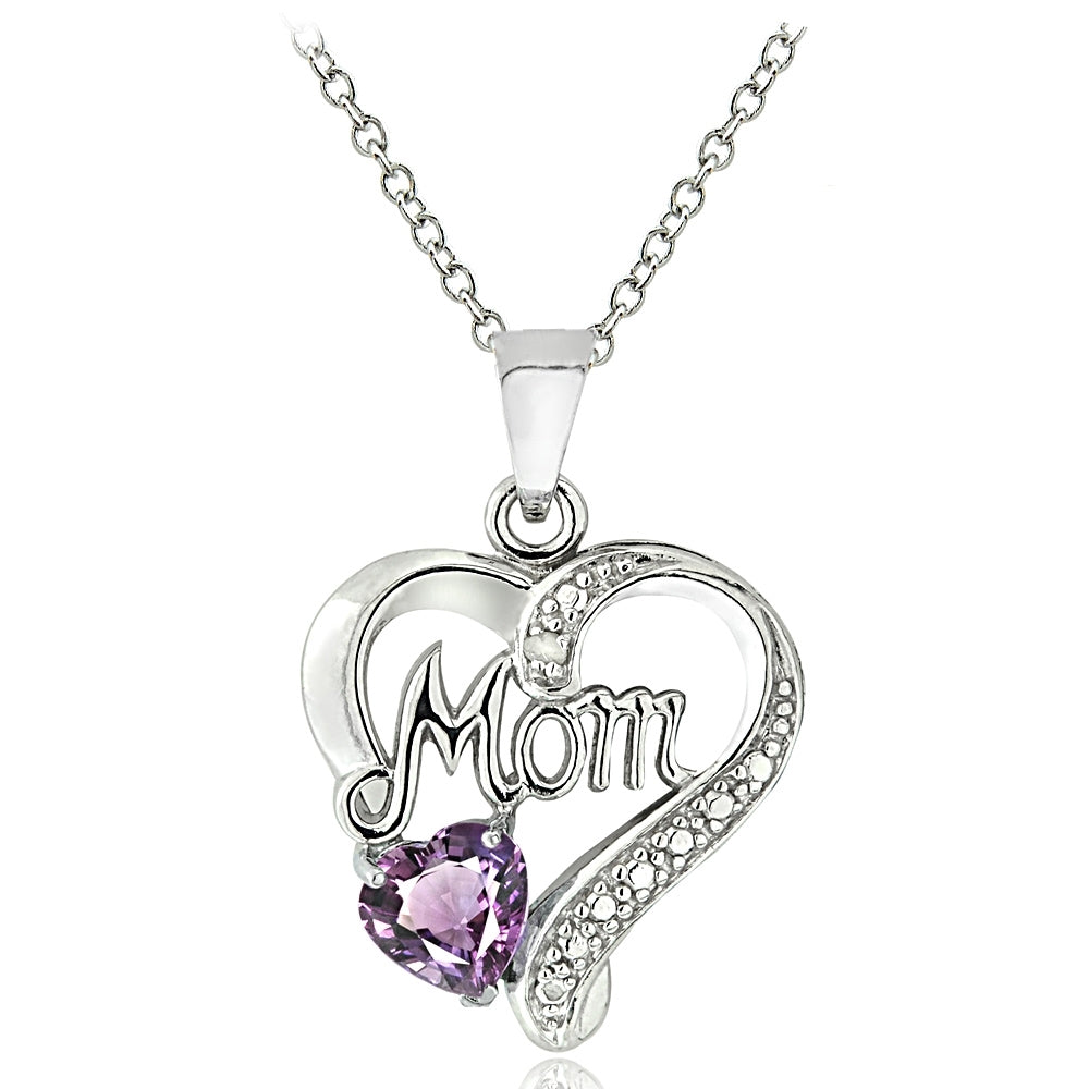 Sterling Silver Amethyst & Diamond Accent Mom Heart Pendant