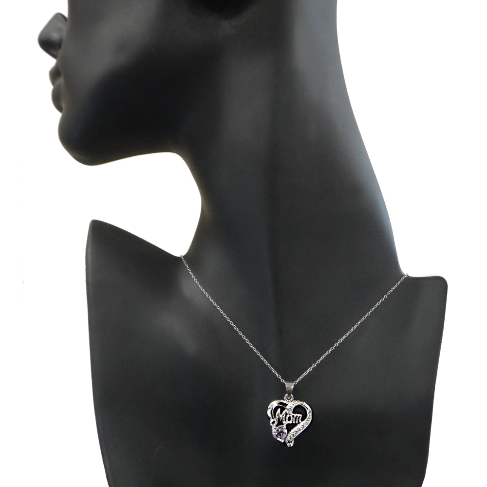 Sterling Silver Amethyst & Diamond Accent Mom Heart Pendant-2