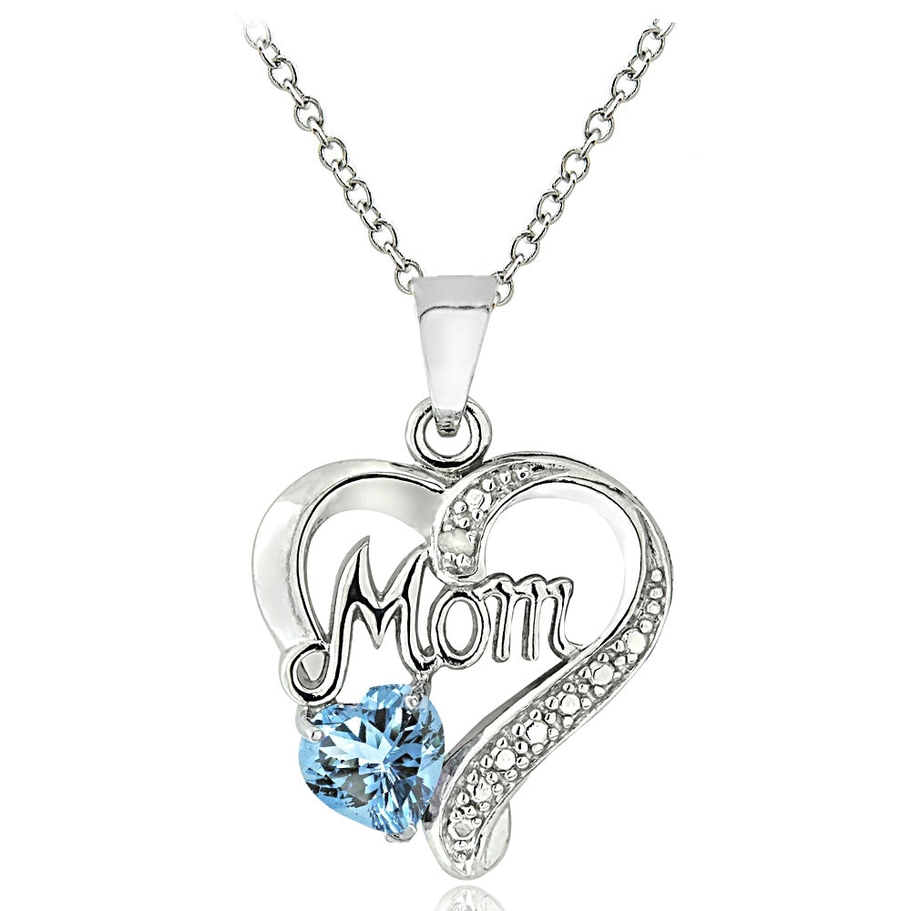 Sterling Silver Blue Topaz & Diamond Accent "Mom" Heart Pendant