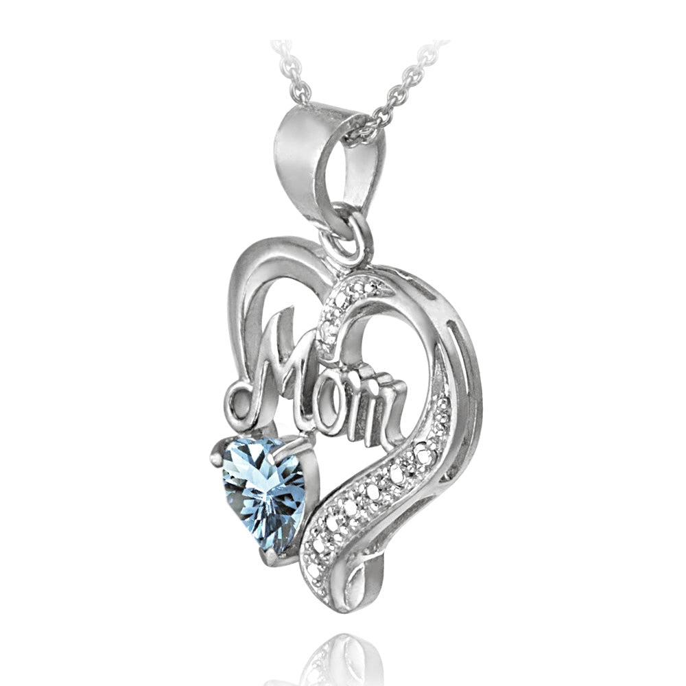 Sterling Silver Blue Topaz & Diamond Accent "Mom" Heart Pendant-2