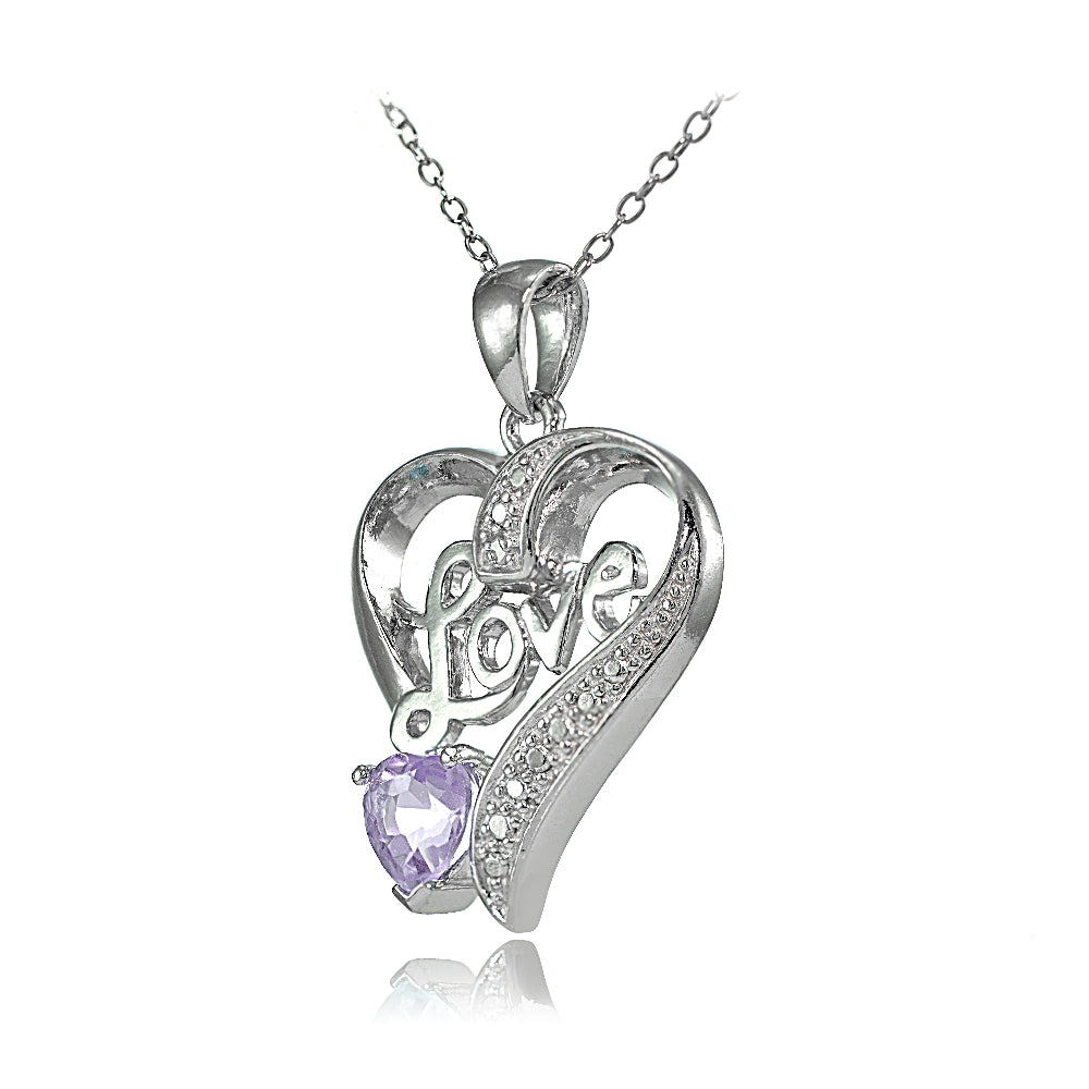 Sterling Silver Amethyst & Diamond Accent "Love" Heart Pendant-2