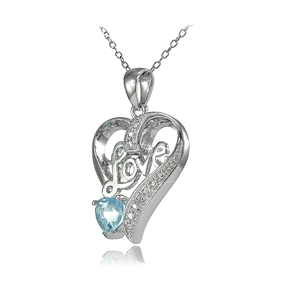 Sterling Silver Blue Topaz 'Love' Heart Pendant-2