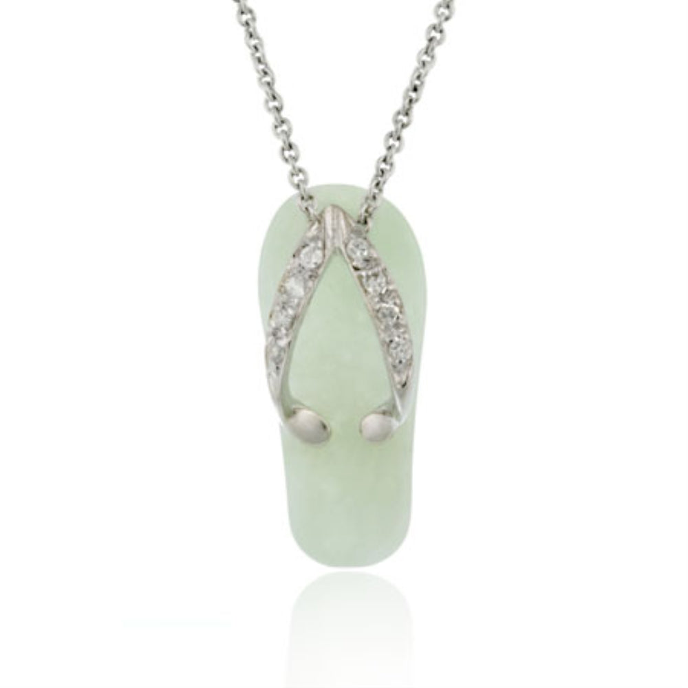 Sterling Silver CZ and Green Jade Flip Flop Slide Pendant