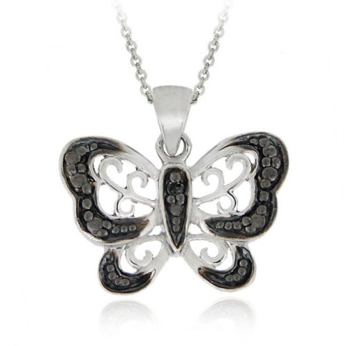 Sterling Silver Black Diamond Accent Butterfly Pendant