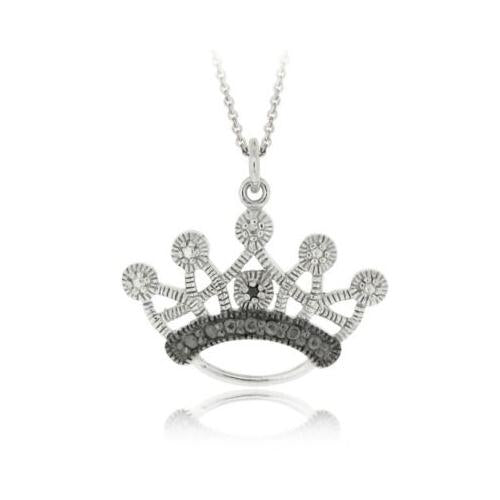 Sterling Silver Black Diamond Accent Designer Crown Pendant
