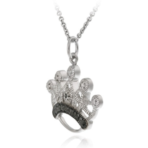 Sterling Silver Black Diamond Accent Designer Crown Pendant