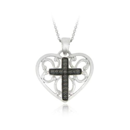 Sterling Silver Black Diamond Accent Heart W/ Cross Pendant
