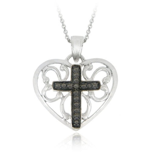 Sterling Silver Black Diamond Accent Heart W/ Cross Pendant-2