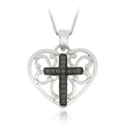 Sterling Silver Black Diamond Accent Heart W/ Cross Pendant