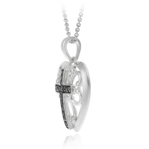Sterling Silver Black Diamond Accent Heart W/ Cross Pendant-3