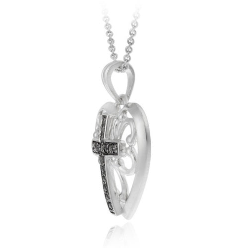 Sterling Silver Black Diamond Accent Heart W/ Cross Pendant