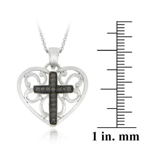 Sterling Silver Black Diamond Accent Heart W/ Cross Pendant-4