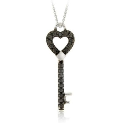 Sterling Silver Black Diamond Accent Designer Heart Key Pendant