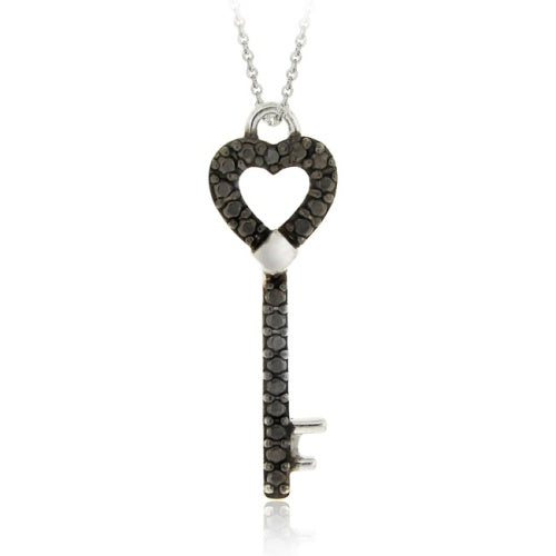 Sterling Silver Black Diamond Accent Designer Heart Key Pendant-2