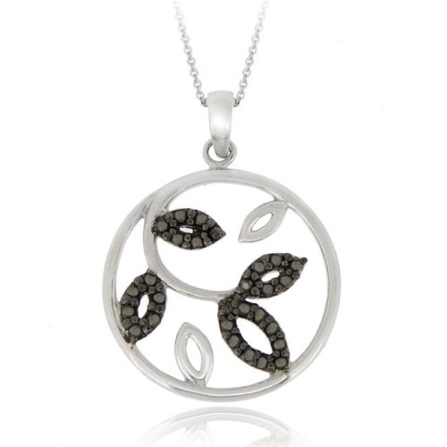 Sterling Silver Black Diamond Accent Leaf Circle Pendant