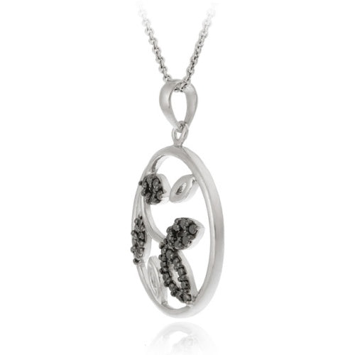 Sterling Silver Black Diamond Accent Leaf Circle Pendant-2