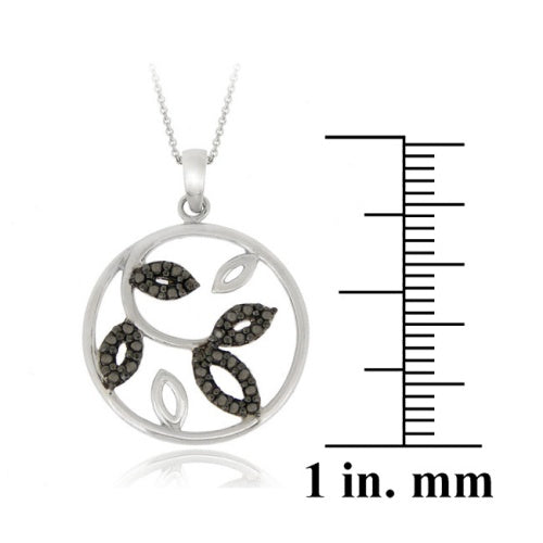 Sterling Silver Black Diamond Accent Leaf Circle Pendant-3