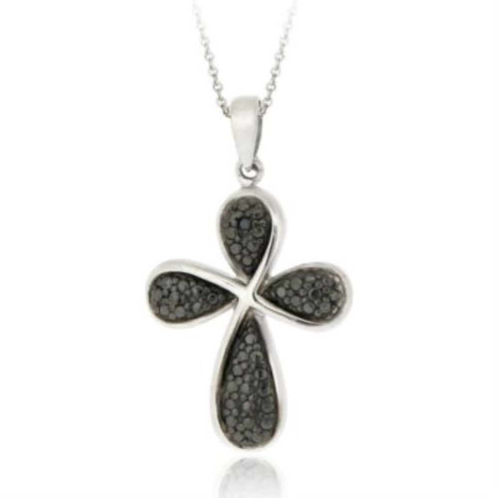 Sterling Silver Black Diamond Accent Ribbon Cross Pendant