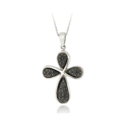 Sterling Silver Black Diamond Accent Ribbon Cross Pendant-2