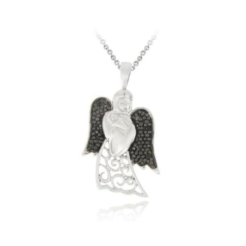 Sterling Silver Black Diamond Accent Filigree Angel And Baby Pendant