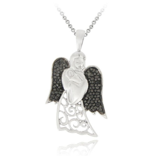 Sterling Silver Black Diamond Accent Filigree Angel And Baby Pendant-2