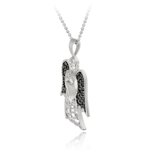 Sterling Silver Black Diamond Accent Filigree Angel And Baby Pendant-3