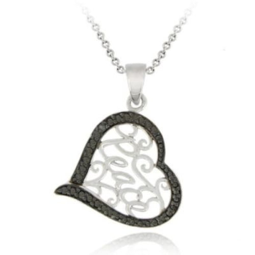 Sterling Silver Black Diamond Accent Heart 'Peace' Filigree Pendant