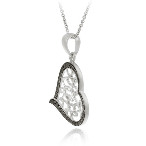 Sterling Silver Black Diamond Accent Heart 'Peace' Filigree Pendant-2