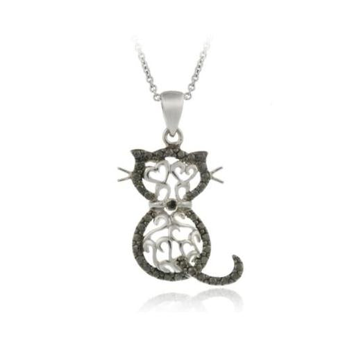 Sterling Silver Black Diamond Accent Filigree Cat Pendant