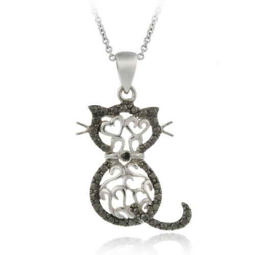 Sterling Silver Black Diamond Accent Filigree Cat Pendant-2