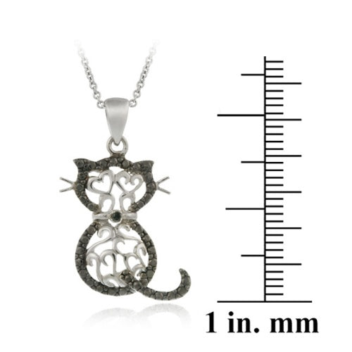 Sterling Silver Black Diamond Accent Filigree Cat Pendant-4