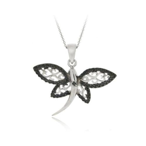 Sterling Silver Black Diamond Accent Filigree Dragonfly Pendant