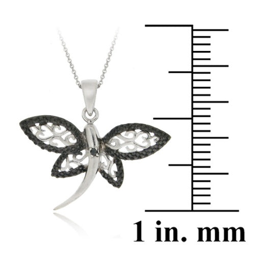 Sterling Silver Black Diamond Accent Filigree Dragonfly Pendant-2