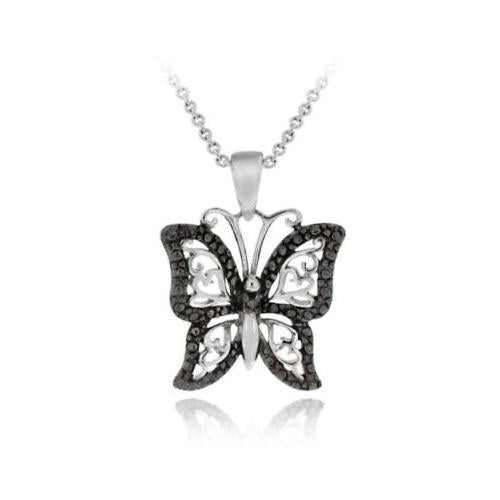 Sterling Silver Black Diamond Accent Filigree Butterfly Pendant