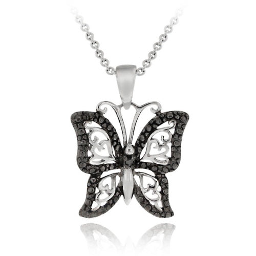 Sterling Silver Black Diamond Accent Filigree Butterfly Pendant-2